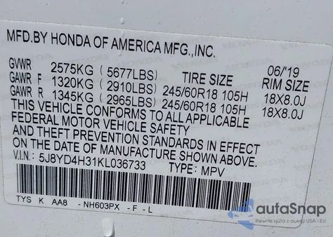 2019 Acura Mdx Standard из США, поврежденный, VIN 5J8YD4H31KL036733